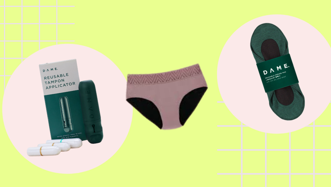 A n image of Reusable Period Products That Aren't Menstrual Cups. Pictured is a reusable tampon applicator, period pants and a reusable pad.