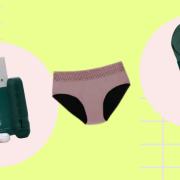 A n image of Reusable Period Products That Aren't Menstrual Cups. Pictured is a reusable tampon applicator, period pants and a reusable pad.