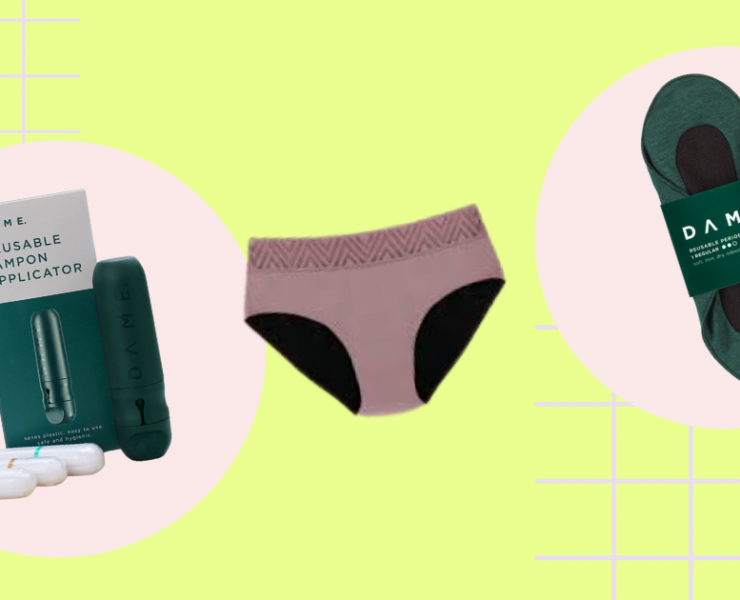 A n image of Reusable Period Products That Aren't Menstrual Cups. Pictured is a reusable tampon applicator, period pants and a reusable pad.