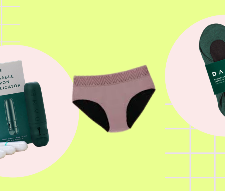A n image of Reusable Period Products That Aren't Menstrual Cups. Pictured is a reusable tampon applicator, period pants and a reusable pad.
