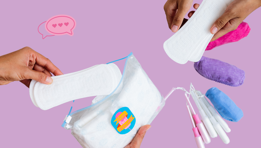 a picture of an emergency period kit containing a mixture of period supplies