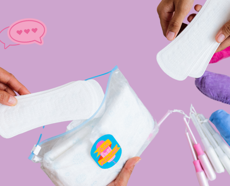 a picture of an emergency period kit containing a mixture of period supplies